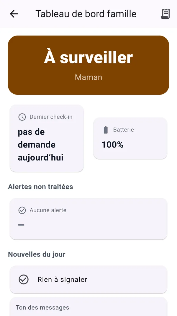 Family dashboard: status, last check-in, battery and alerts