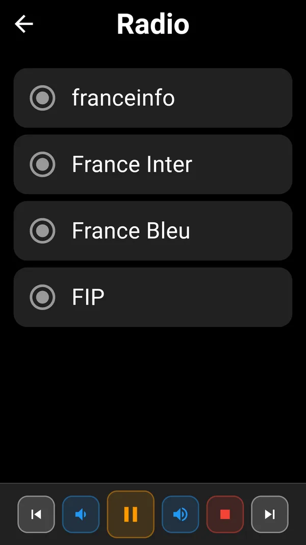 Radio screen: station list and playback controls