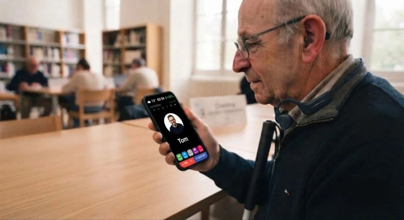EasyPhone on a phone: the home screen shows contacts as large photos