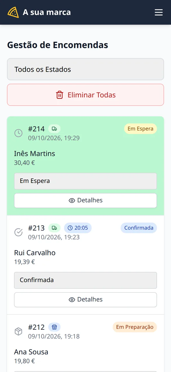 Order management: orders with their status, delivery or collection, expected time and travel time