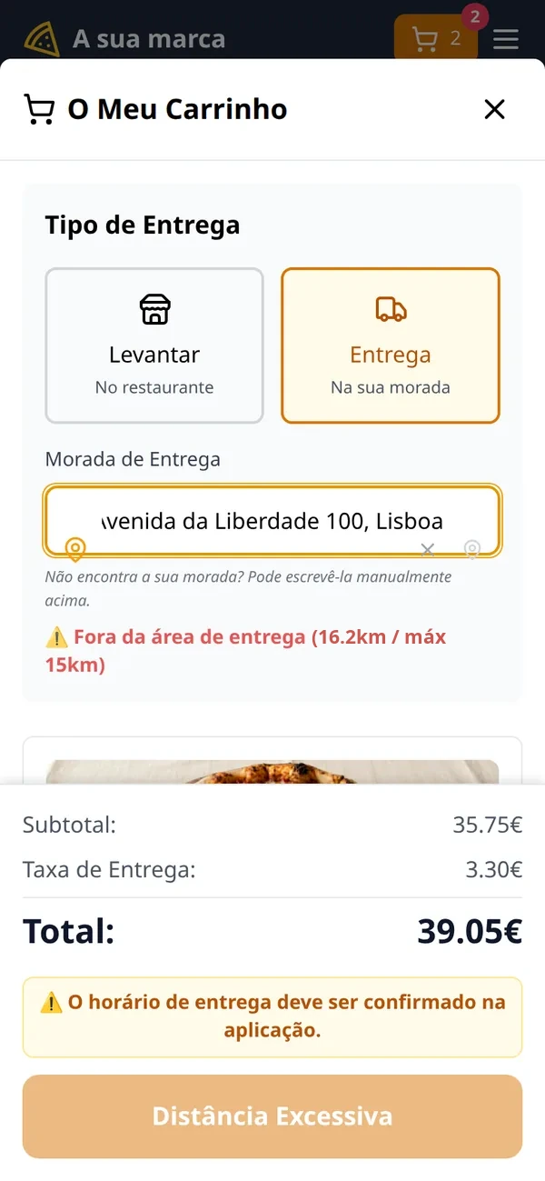 Cart with an address 16 km away: out-of-zone message and disabled pay button