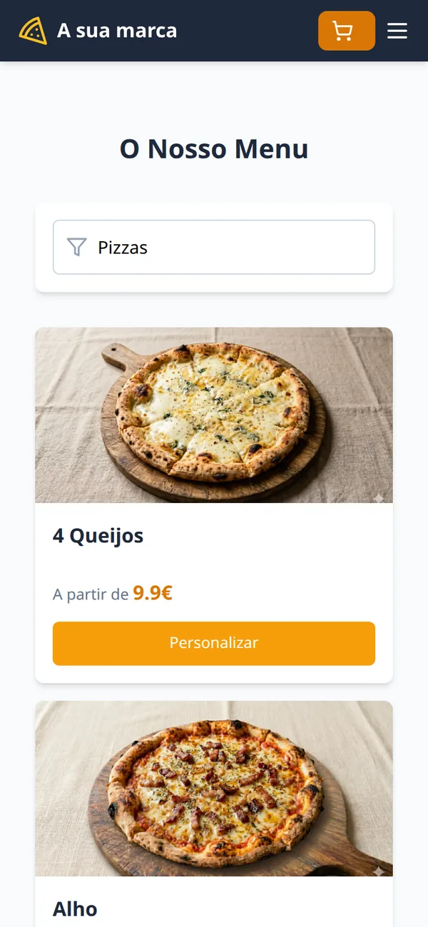 The app’s menu: Pizzas category, with photos and prices