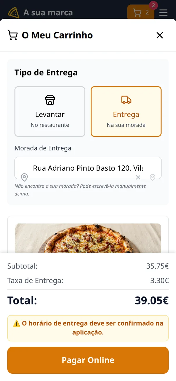 Cart in delivery mode: address, €3.30 delivery fee and total