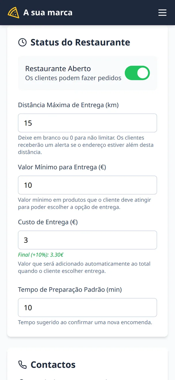 Settings: maximum distance 15 km, €10 minimum to deliver, delivery fee, default preparation time