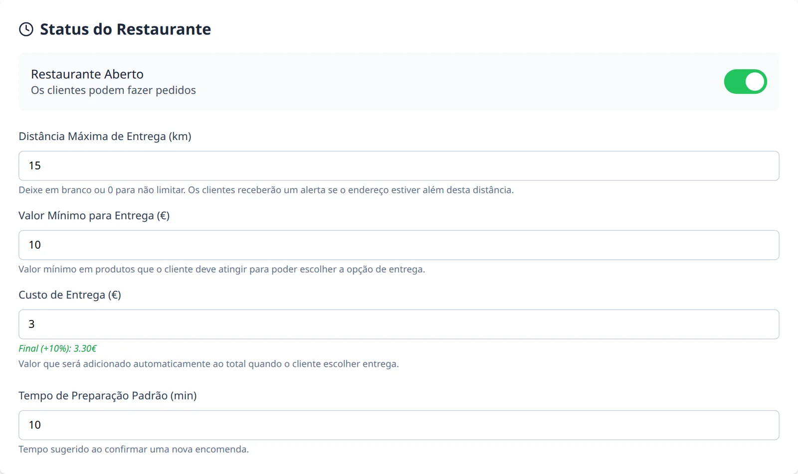 Settings: maximum distance 15 km, €10 minimum to deliver, delivery fee, default preparation time