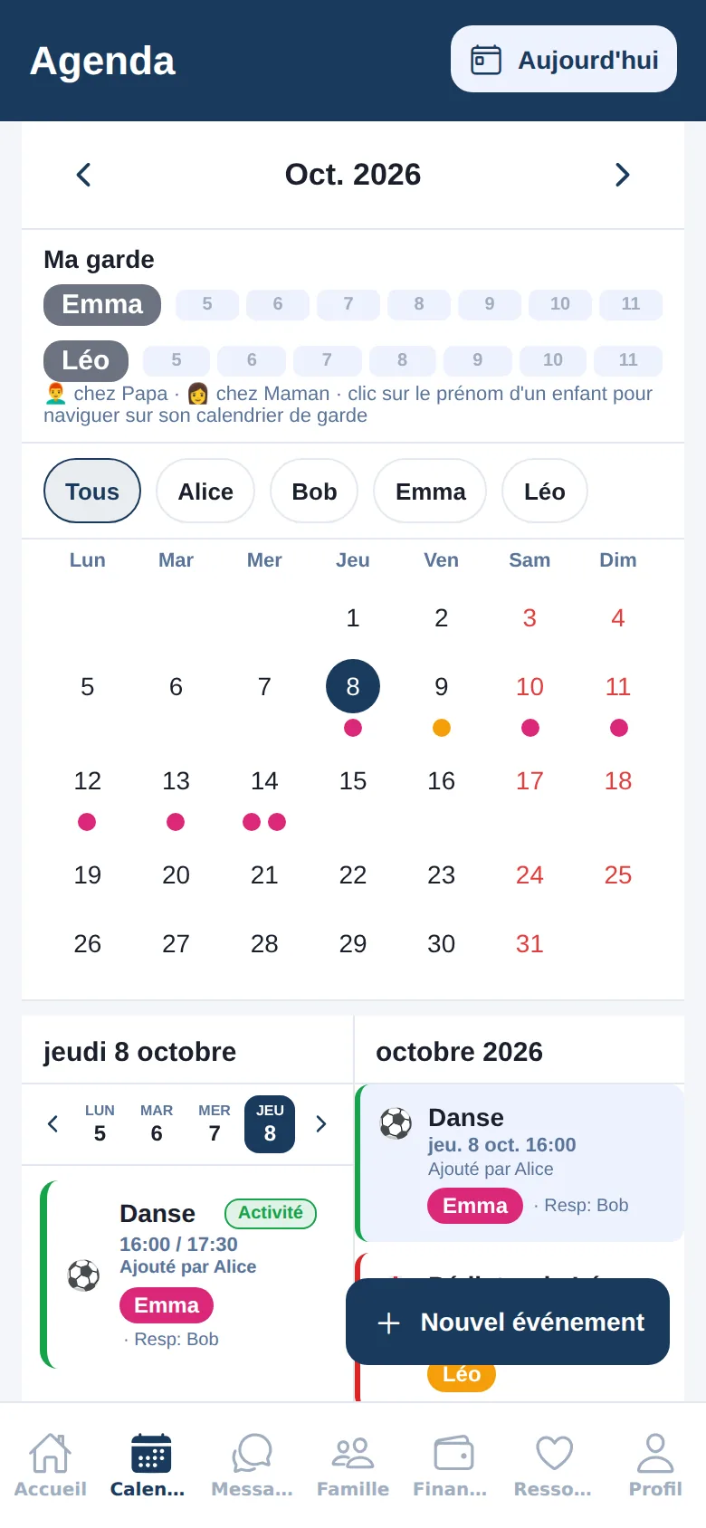 Family calendar for the month with custody days