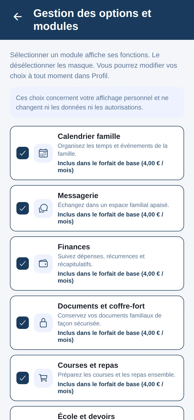 Choice of displayed modules