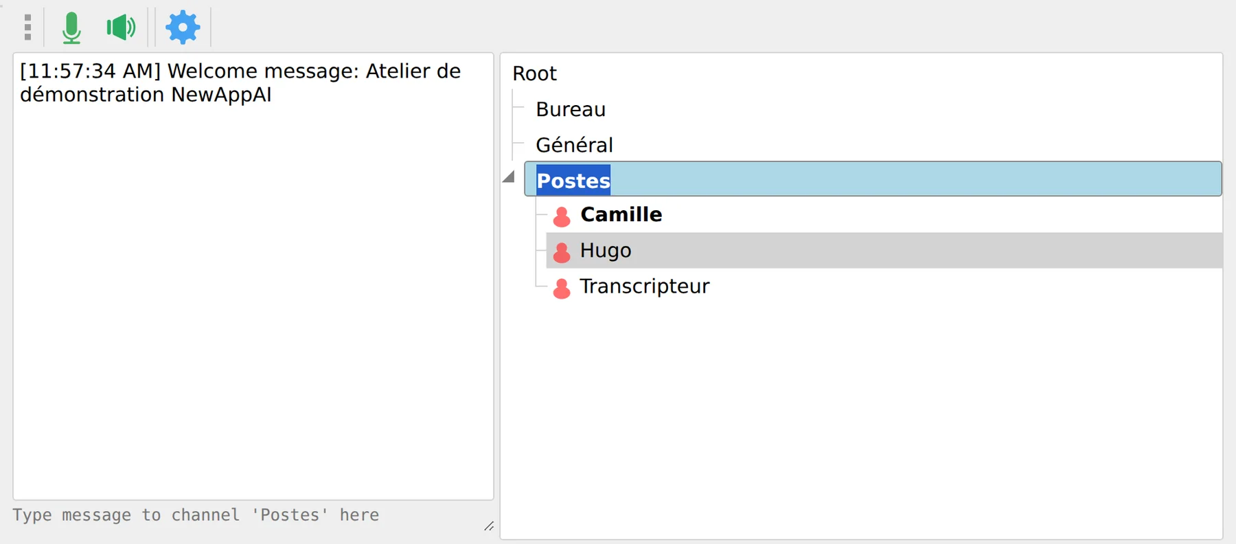The Office, General and Workstations channels, with the people present in Workstations